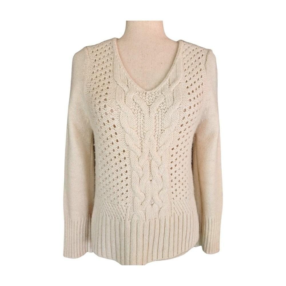 The Kooples Sport Ivory Alpaca Wool Blend Cable Knit V-Neck Sweater Size Small